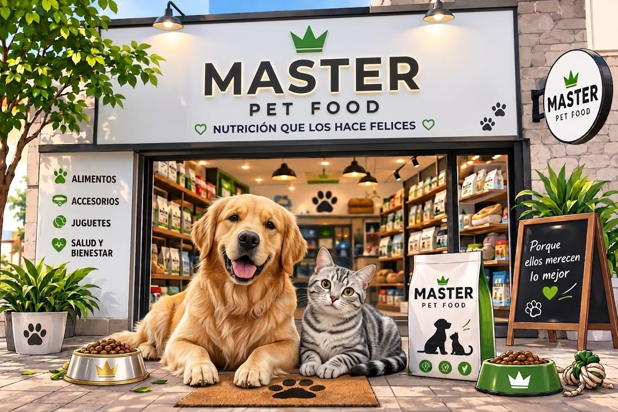 Local de Master Pet Food con perro y gato junto a productos